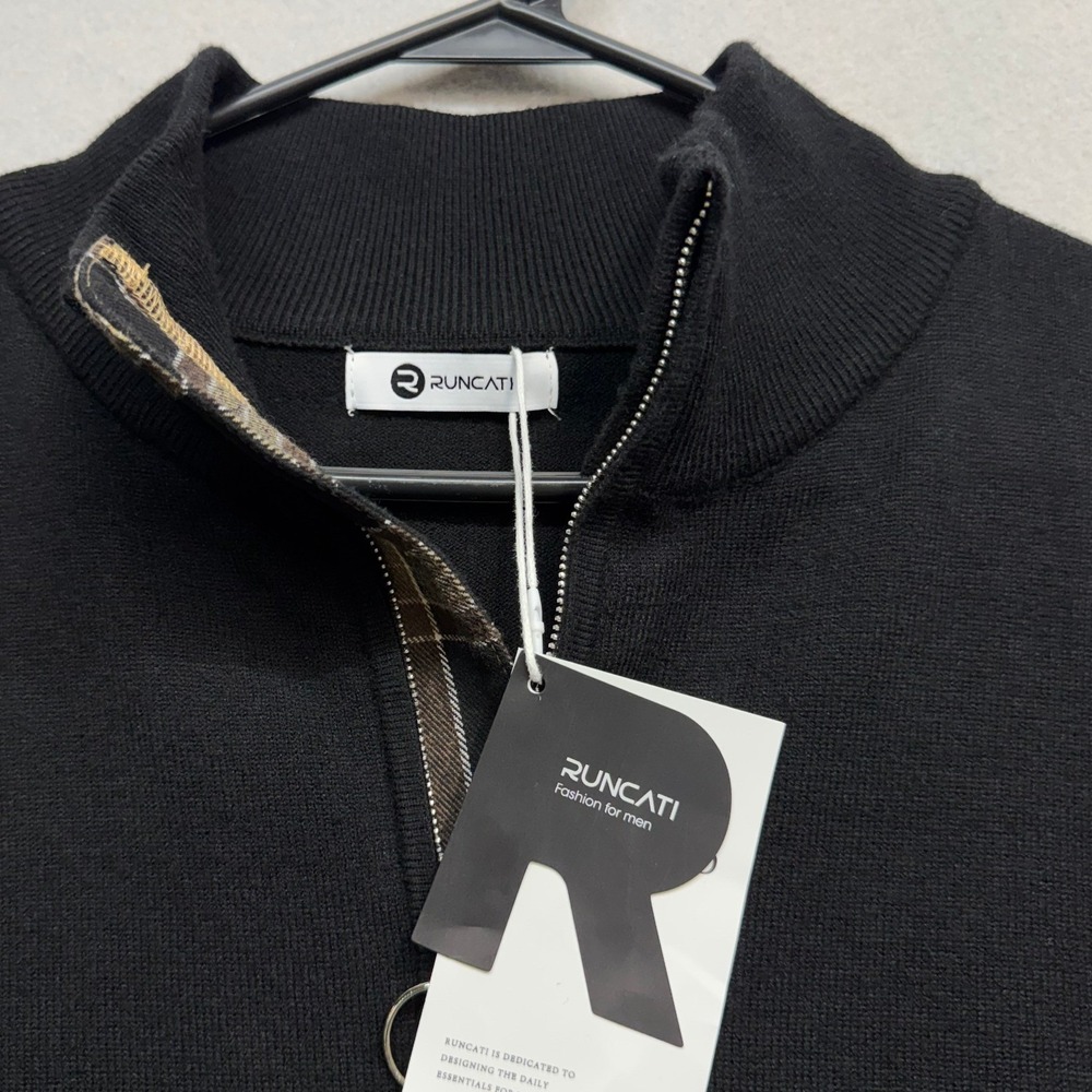 Runcati Mens Quarter Zip Sweater Black Mock Neck Plaid Trim QT1824 Size L NEW - Picture 3 of 7